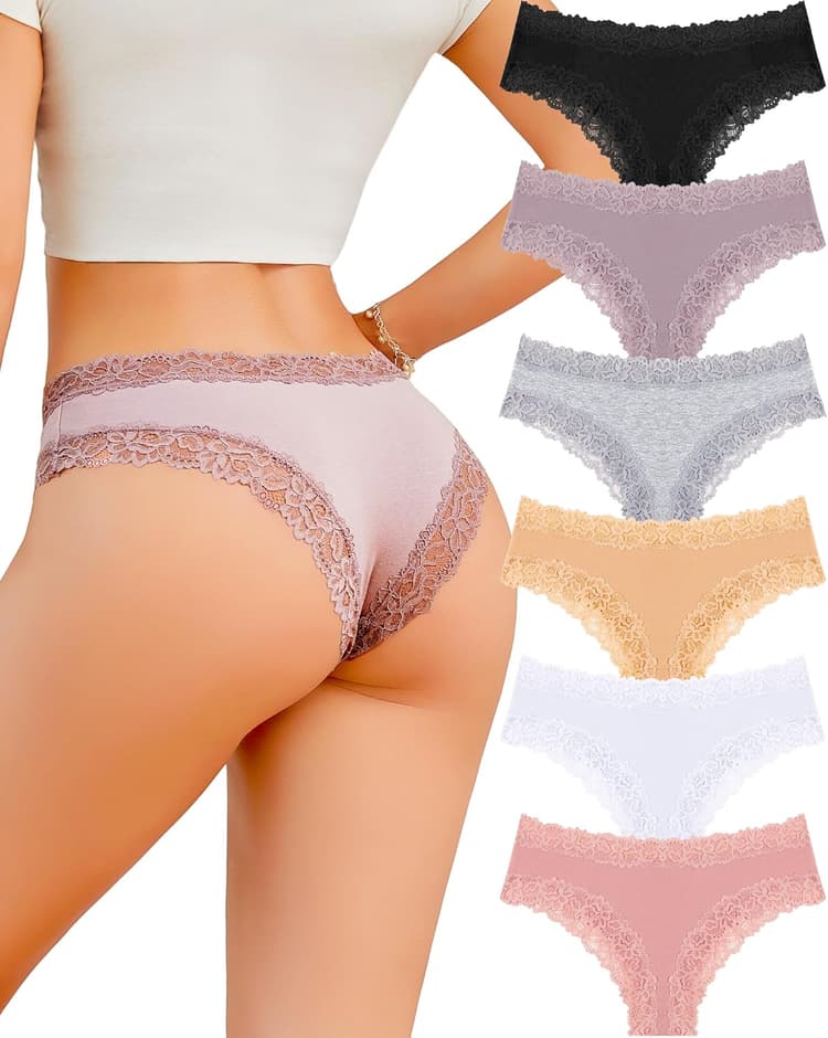 FINETOO Cotton Underwear for Women Sexy Panties Lace Hipster Low Rise Breathable Womens Cheeky 6 Pack S-XL