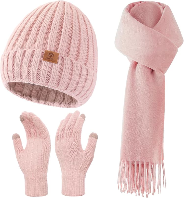 Women Winter Hat Beanie+Long Scarf+Touch Screen Gloves Set, Warm Clothes Set with Knit Fleece Lined for Women/Men Winter