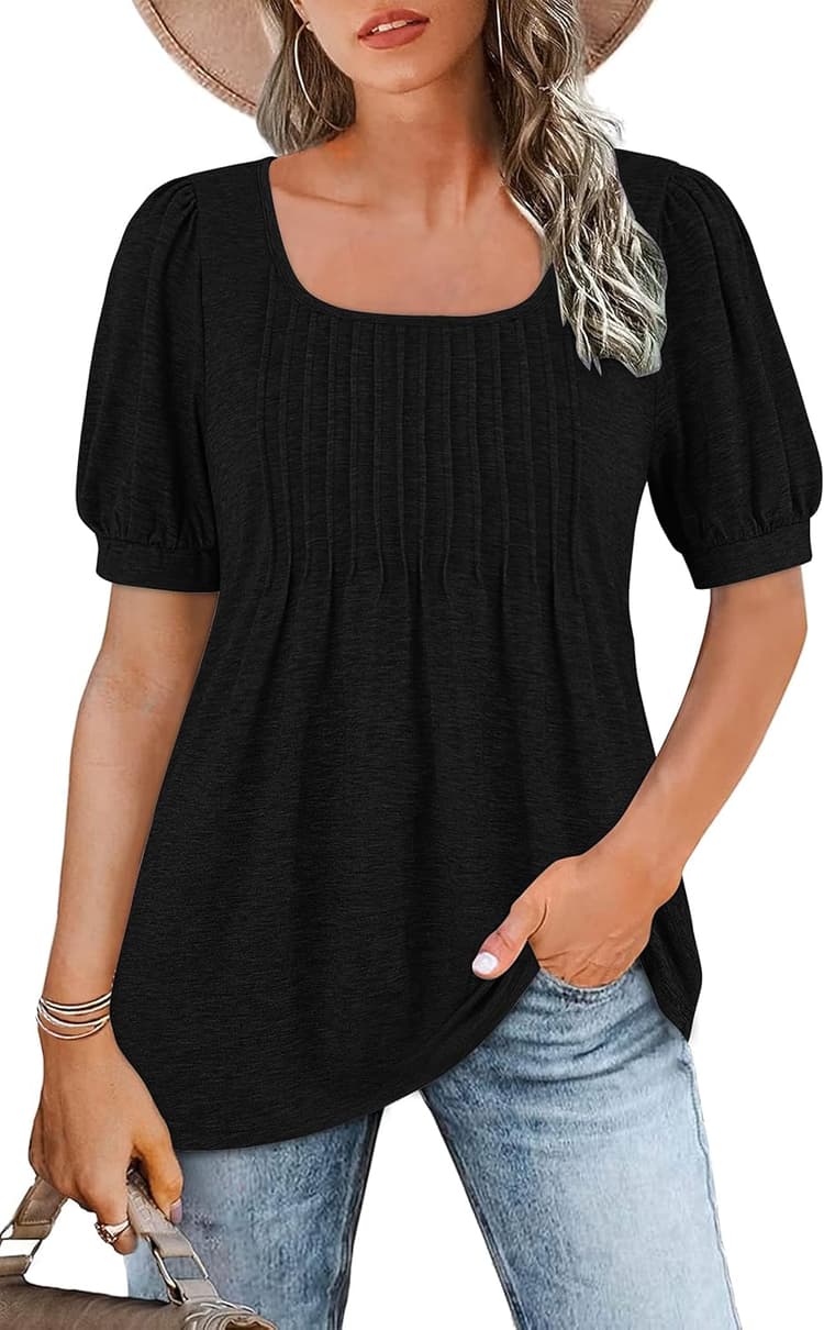 WNEEDU Tee Shirt Femme col Carré Tunique Femme Été T-Shirt Manches Courtes Chemise Fluide Plissée Hauts Chic Élegant Ample Top