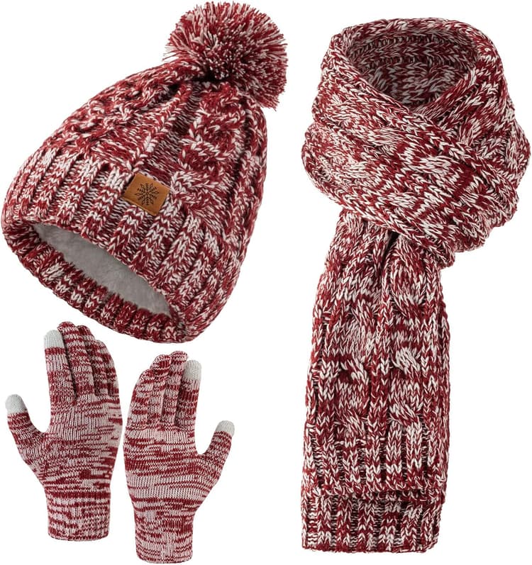 Tavaleu Womens Winter Beanie Hat Scarf Gloves Set, Pom Pom Beanie Warm Knit Scarf Touchscreen Gloves for Cold Weather