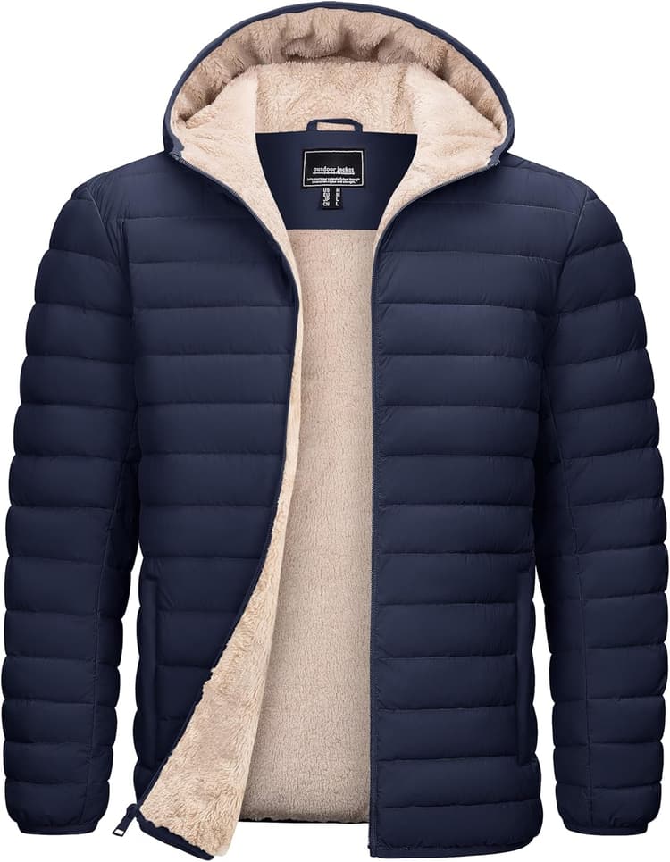 TACVASEN Men's Puffer Jacket Hooded Sherpa Lined Water Resistant Windproof Insulated Jacket Warm Winter Puffy Coat