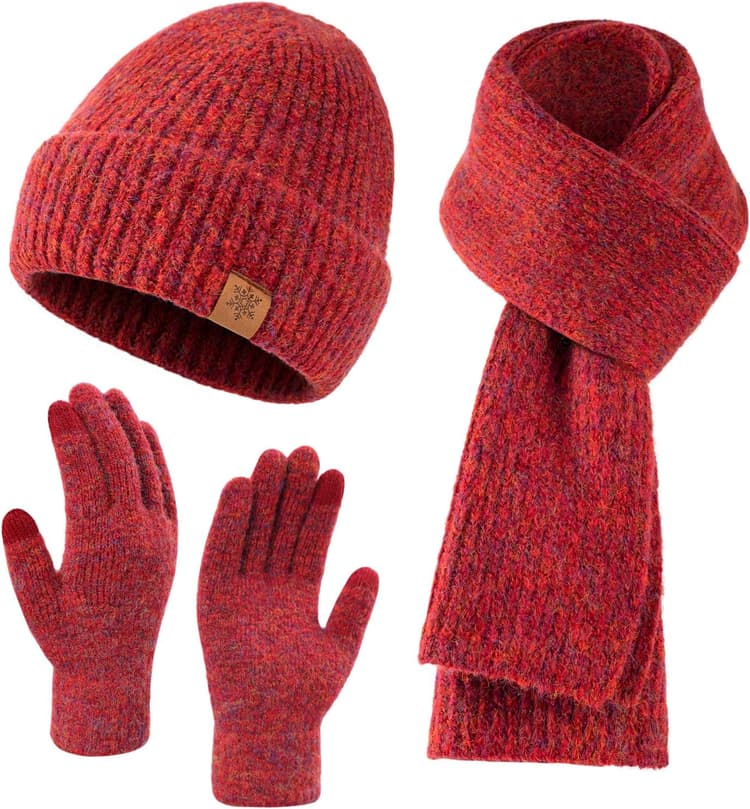 Trifabricy Winter Hat Scarf Gloves Set for Women, Thermal Beanie with Fleece Lining, Thickened Scarf, Touchscreen Gloves