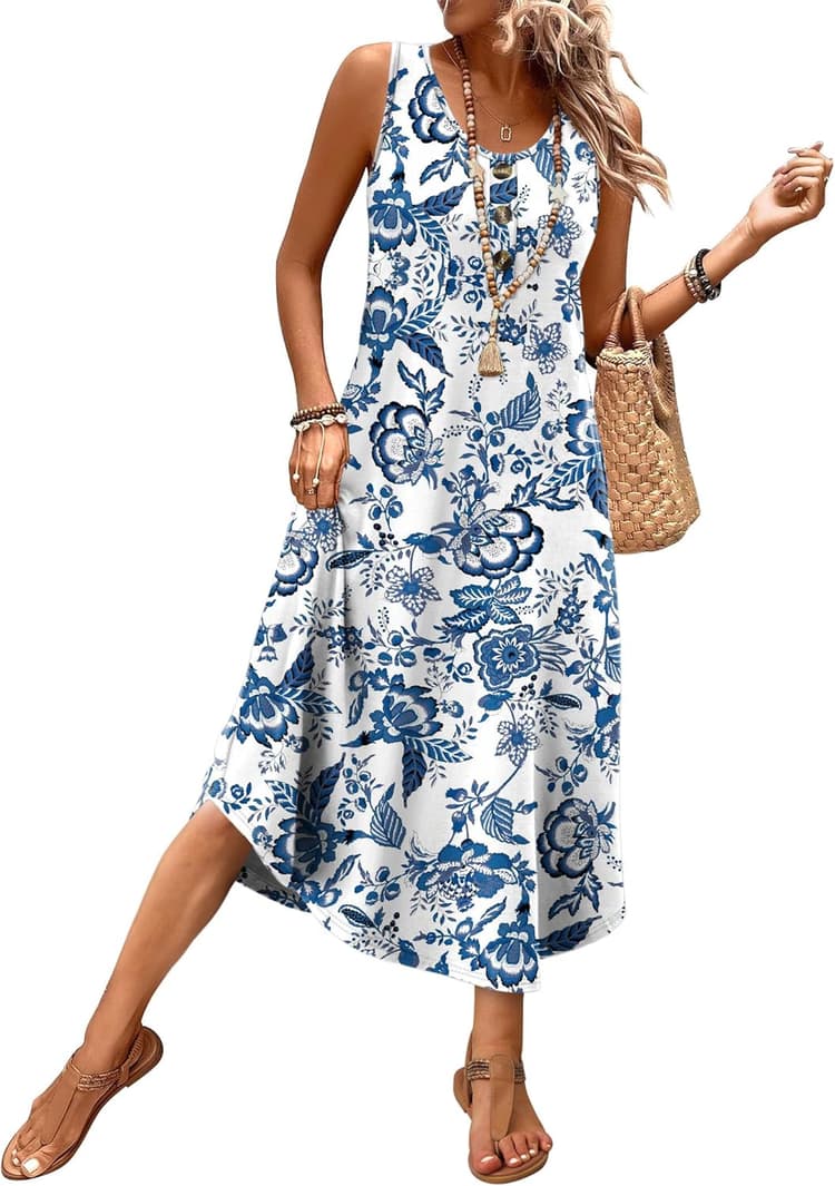 WIHOLL Summer Dresses for Women 2026 Button Front Sleeveless Casual Midi Dress Beach Vacation Sundresses with Pockets