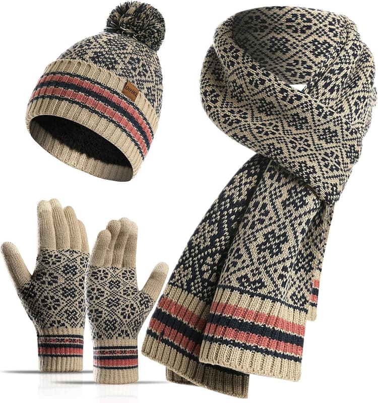 Winter Hat Scarf Gloves Set for Women Womens Knit Warm Hat Beanie Long Scarf Touchscreen Gloves Skull Caps Neck Scarves
