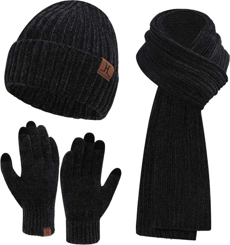 Womens Winter Knit Warm Hat Beanie Long Scarf Touch Screen Gloves Set Skull Caps Neck Scarves for Women