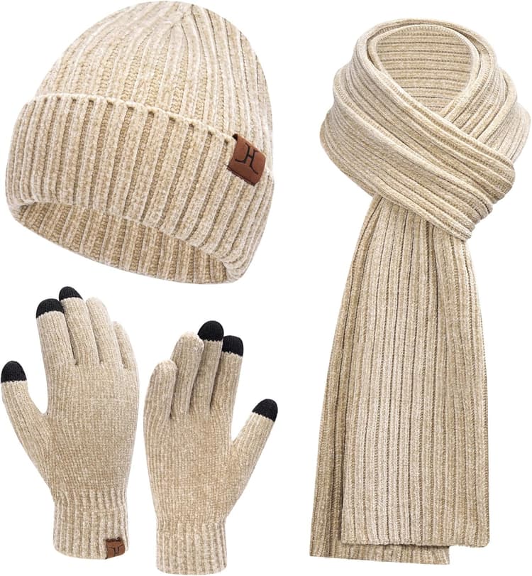 Womens Winter Knit Warm Hat Beanie Long Scarf Touch Screen Gloves Set Skull Caps Neck Scarves for Women