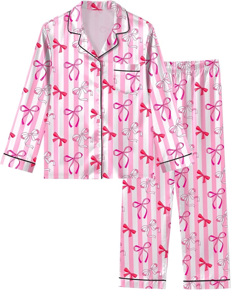 Sylfairy Girls Pajamas Silk PJS Set Satin Sleepwear Long Sleeve Jammies for Kids Button-Down Nightwear Loungewear 3-16 Years