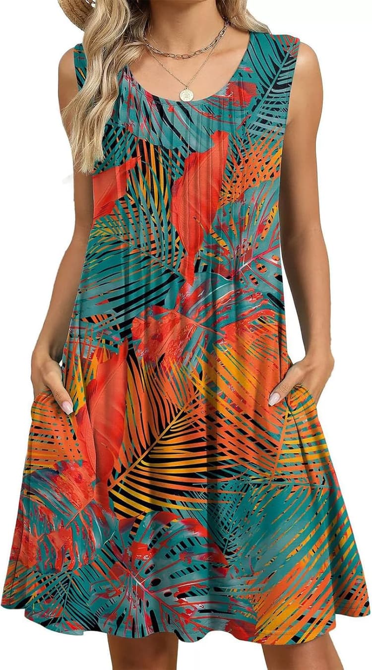 PICKLION Robe Ete Femme Mi Longue Robes Plage Boheme Robe Chic Floral sans Manche Robes avec Poches S-2XL