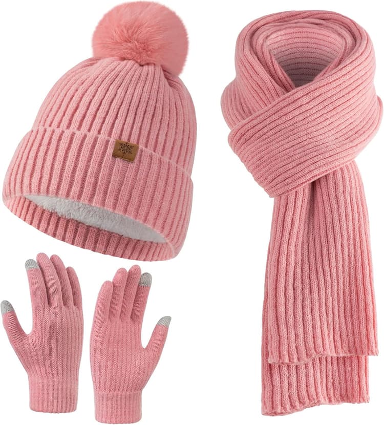 Passionbility Womens Winter Beanie Hat Scarf Gloves Set, Knitted Scarf and Hat Touchscreen Gloves Gift for Women 3 in 1 Set