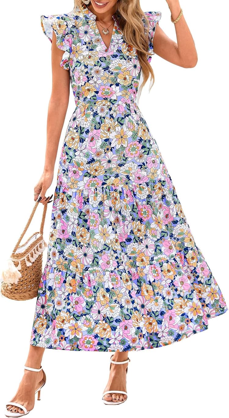 PRETTYGARDEN Women's 2026 Summer Floral Midi Dress Cap Sleeve V Neck Ruffle Long Flowy Boho Casual Beach Vacation Dresses