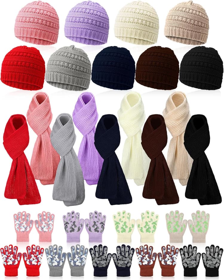 JaGely Kids Hat Gloves Scarf Winter Set, Warm Knitted Beanie Caps Scarves Gloves Bulk for Boys Girls Donation Cold Weather