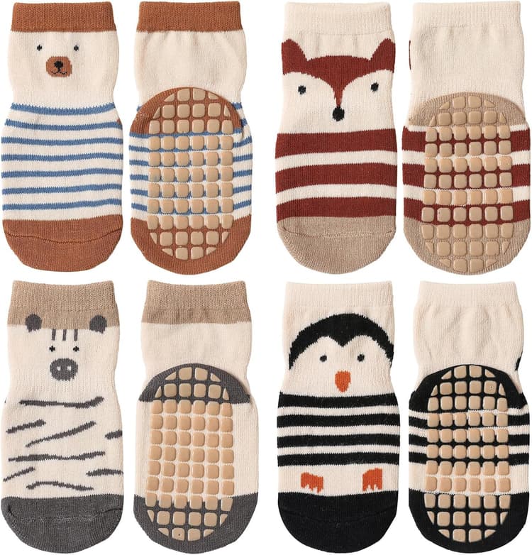 Simpeak Chaussettes Antidérapantes Bébé Lot de 4 Paires Unisexe Chaussettes Thermiques Chaussettes Antidérapantes Enfant