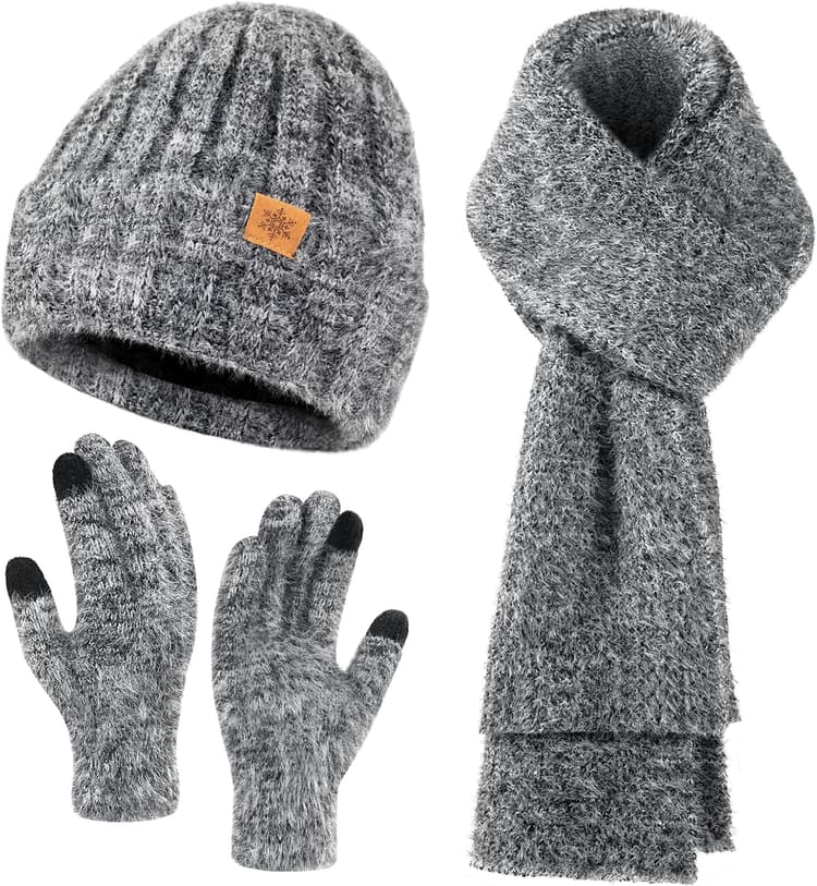 Trifabricy Winter Hat Scarf Gloves Set for Women, Thermal Beanie with Fleece Lining, Thickened Scarf, Touchscreen Gloves