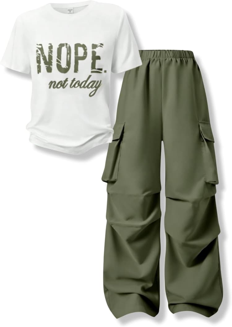 Girls Clothes Little Girl Outfits Letter Print Short Sleeve Tops & Cargo Pants 2PCS Girls Clothing 7-16 Years