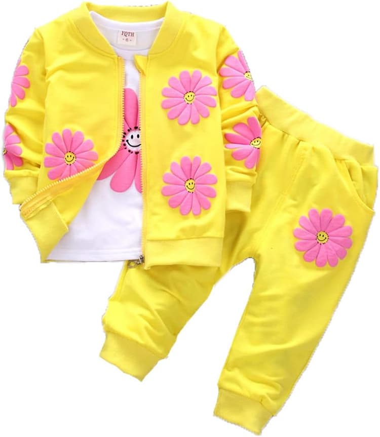 Yao 1-5 Ans Tout-Petits et Petites Filles Fleurs Imprimer 3 pièces Ensembles t-Shirt Gilet et Pantalon