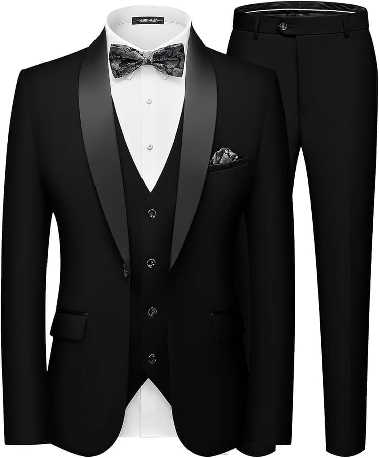 MAGE MALE Men's Slim Fit 3 Piece Suit One Button Solid Shawl Lapel Blazer Jacket Vest Pants Set with Tie Pocket Square
