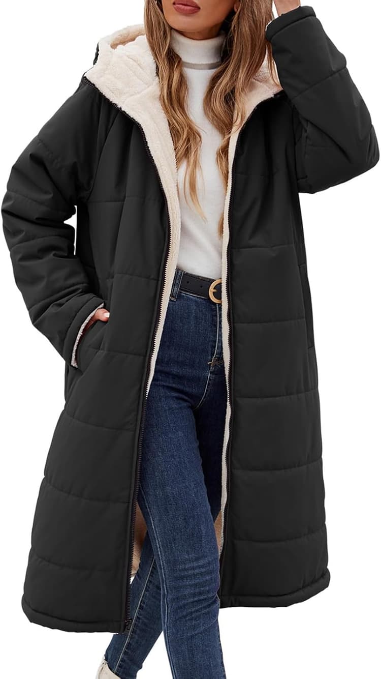 Tuopuda Manteau Femme Hiver Veste Polaire Chaud Parkas Blouson Zippée à Capuche Réversible Sherpa Casual Jacket Hooded Coat Sweat-Shirts Outercoat avec Poches