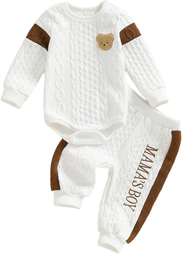 Carolilly Ensemble Ours Bébé Garçon Chaud de 2 Pièces, Body à Manches Longues + Pantalon