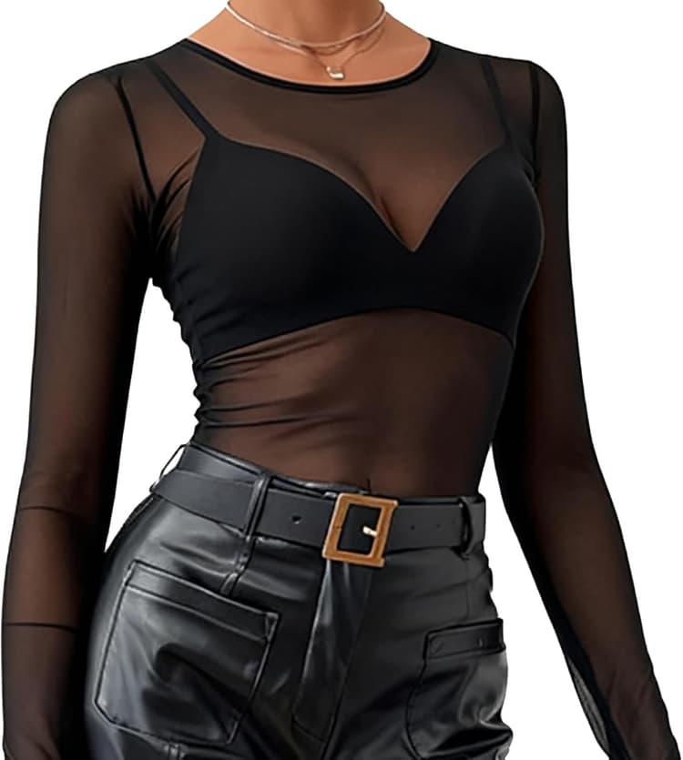 Body Transparent Femme, Top Femme Noir en Maille avec Manches Longues, T Shirt Transparent Slim Fit pour Clubwear, Soirées
