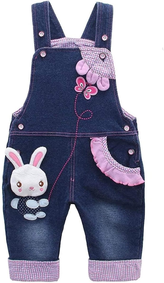 KIDSCOOL SPACE Salopette en jean pour bébé fille, tenue de lapin 3D mignonne en denim pour tout-petit