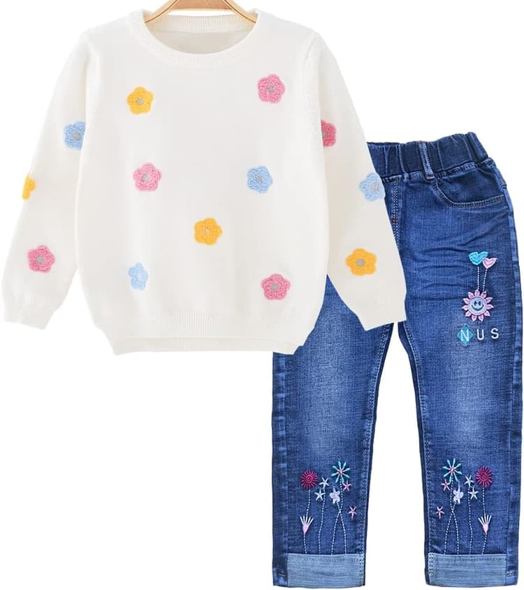 Peacolate Ensembles Fille, vêtements pour Filles 2 pièces Pull thermique à manches longues et jeans et pantalons brodés automne hiver