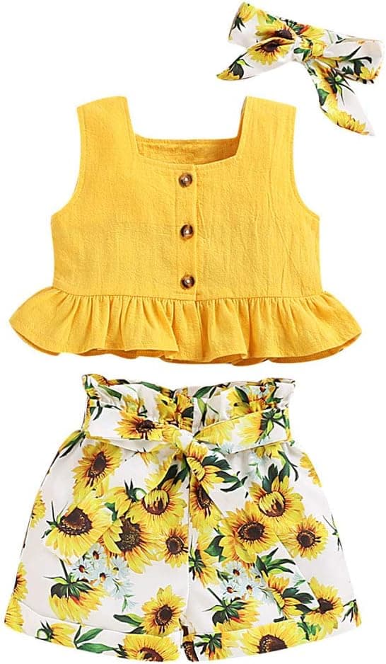 ANUFER 3 Pièces Fille Gamins Ensemble de Vêtements Brillante Jaune Tournesol Bébé Tenues Débardeurs + Pantalons Courts + Bandeau