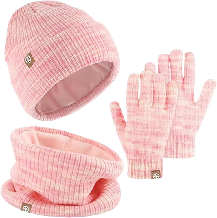 Lot de 3 bonnets, écharpes et gants d'hiver chauds en tricot thermique pour enfants de 5 à 12 ans-Moufles tactiles-Doublure en polaire douce-Élastique-Sports
