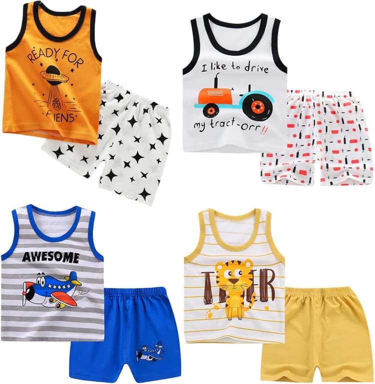 8 Pack De Garçon Ou Bébé Garçon sans Manches T-Shirt Débardeurs Pantalons Courts Ensembles De Vêtements, Âge (3 Mois à 7 Ans)