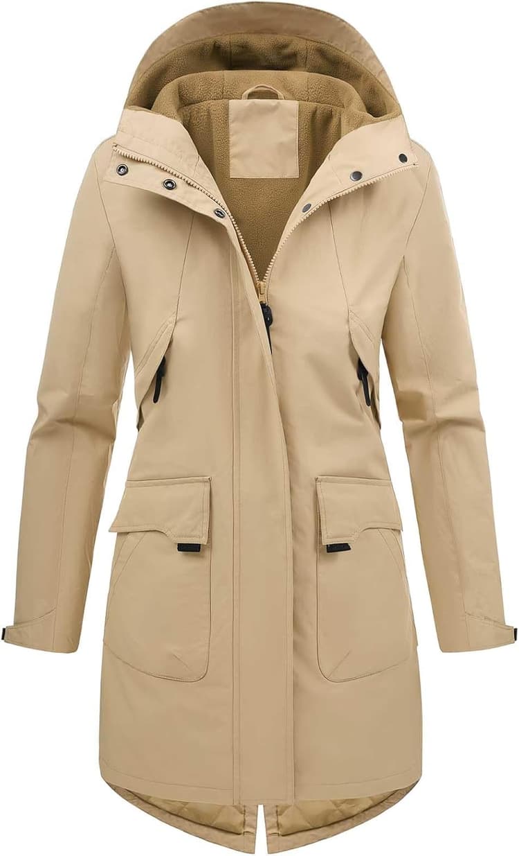 Tuopuda Veste Femme mi Saison Parka Imperméable en Polaire Blouson avec Capuche Décontracté Manteau Long à Fermeture éclair Manteau Printemps Automne