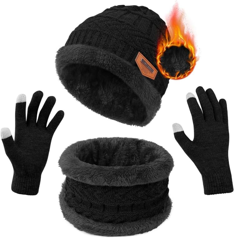 flintronic Bonnet Écharpe et Gants à Écran Tactile, Tricotés Ensemble d'hiver Bonnet écharpe Gants d'écran Tactile Homme Femme, Ensemble Chauds d'hiver 3en1 avec Double Polaire Chaud Écharpe Chapeau