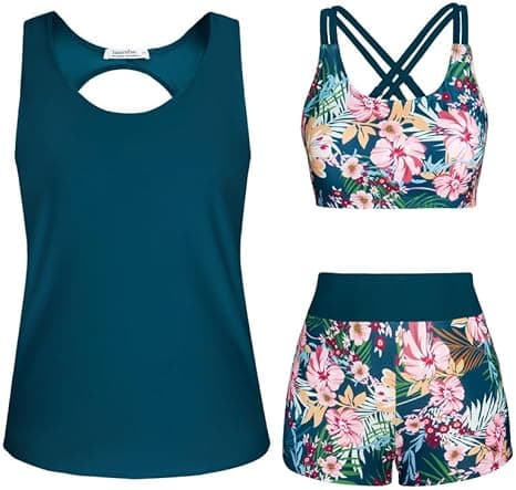 JASAMBAC Tankini Maillot De Bain Femme 3 PièCes pour Femme Imprimé Floral ContrôLe du Ventre Bikinis AthléTique Maillot De Bain Modeste Shorty