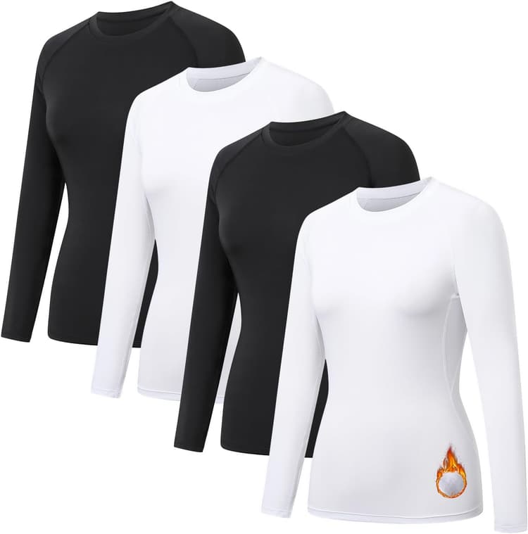 HYCOPROT Pack de 4 Hauts Thermiques Compression Femme en Coton Manche Longue T-Shirt Base Layer Top Sport Tshirt Chaud Col Roulé sous Vêtements Thermiques Décontracté pour Gym Fitness Yoga Running