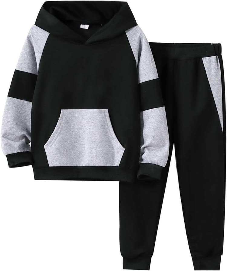 5-11Y Boys Clothes Long Sleeve Hooded Pullover Colorblock Sweatshirt + Pants 2pcs Fall Winter Outfit Set