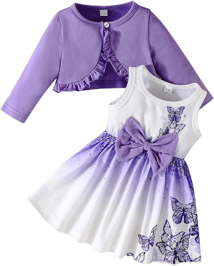 Ensemble robe et cardigan pour filles avec débardeur sans manches et motif papillon floral robe d'été unie à volants pour bébé fille tenue d'hiver pour tout-petits vêtements d'hiver