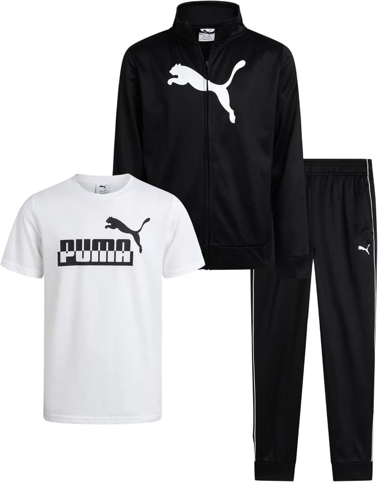 PUMA Boys Pants Set - 3 Piece Athletic T-Shirt, Zip Up Jacket, Jogger Pants - Boys Activewear Tricot Jogset (8-16)