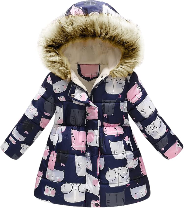 Manteau Enfant Fille À Fleurs Veste à Capuche Fourrure Chaud Hiver Vêtement pour 2-10 Ans