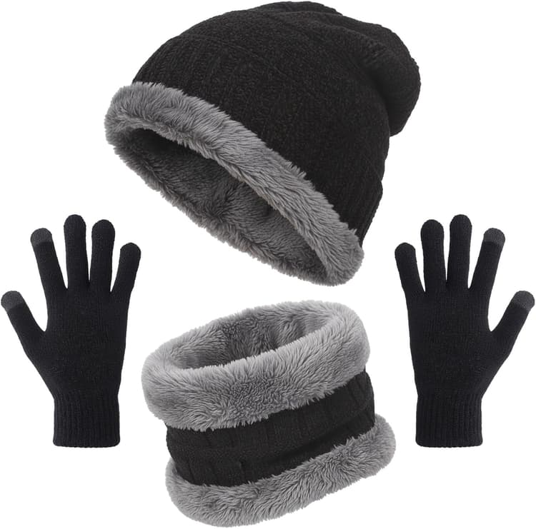 Winter Beanie Hat Scarf Gloves Set for Women Warm Chenille Touchscreen Gloves Soft Winter Snow Beanie Hat Touch Screen Mitten Circle Scarves Thick for Men Women Cold Weather Gift Christmas Birthday
