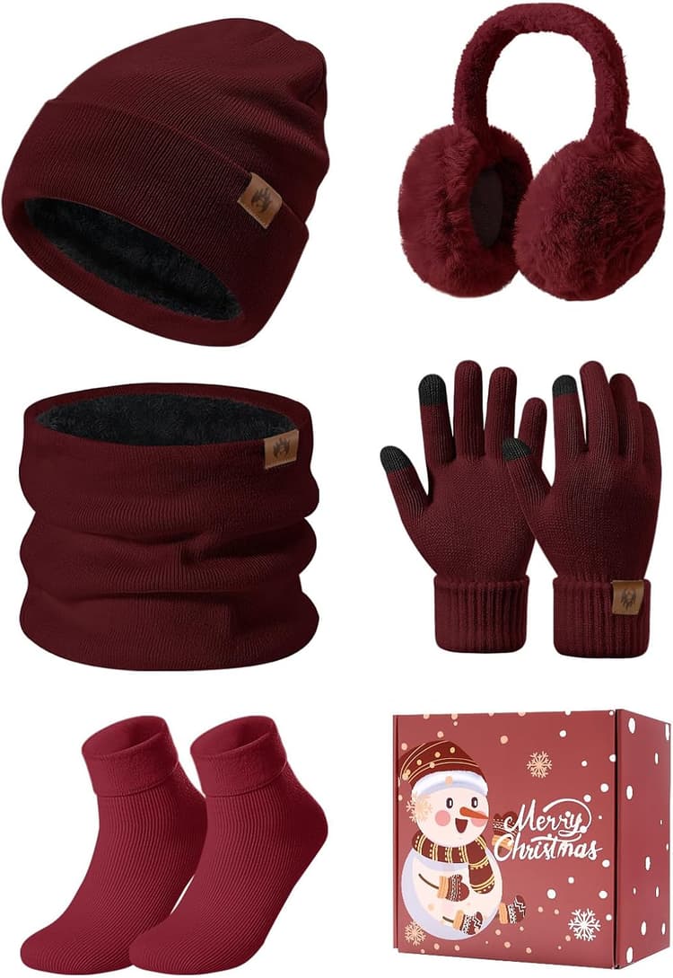 5pcs Ensemble Hiver Femme 5 en 1 Bonnet Echarpe Gant Tricoté Chaud Écharpe de Doublure Polaire Gants d'écran Cache-Oreilles Chaussettes Thermiques Pour Ski Sports Extérieur