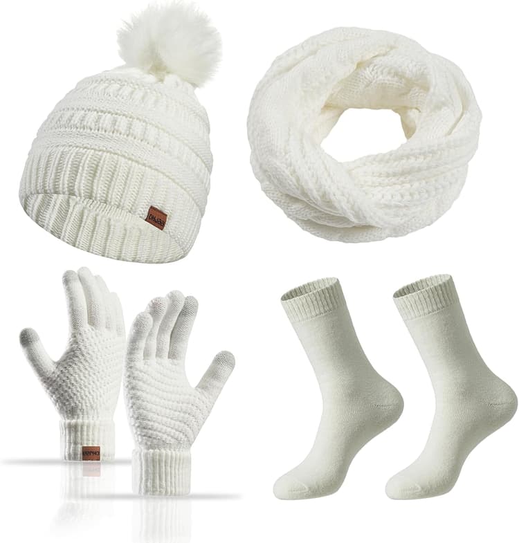 4 Pièces Ensemble Bonnet Écharpe Gants et Chaussettes pour Femme Set Hiver Très Chaud pour Elle