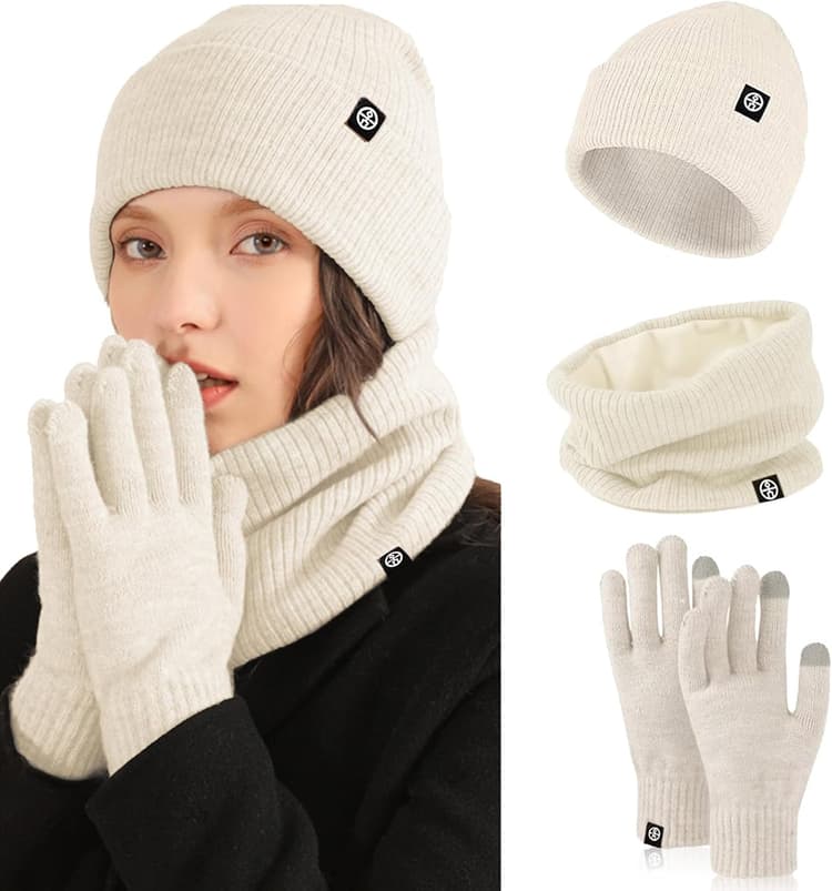 Ensemble Bonnet Echarpe Gant Femme, Set 3 en 1 Bonnet et Écharpe pour Femmes, Gants Tactiles en Polaire Épaisse Bonnet Tricoté Accessoires pour Temps Froid