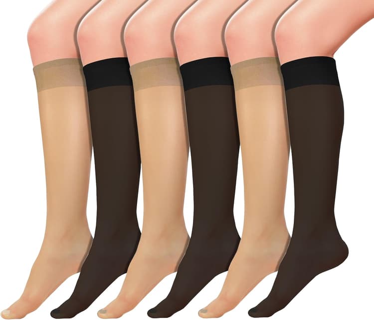 Sheer Knee High Socks, 6 Pairs 20D Premium Silky Soft Nylon Stockings Control Top Reinforced Toe
