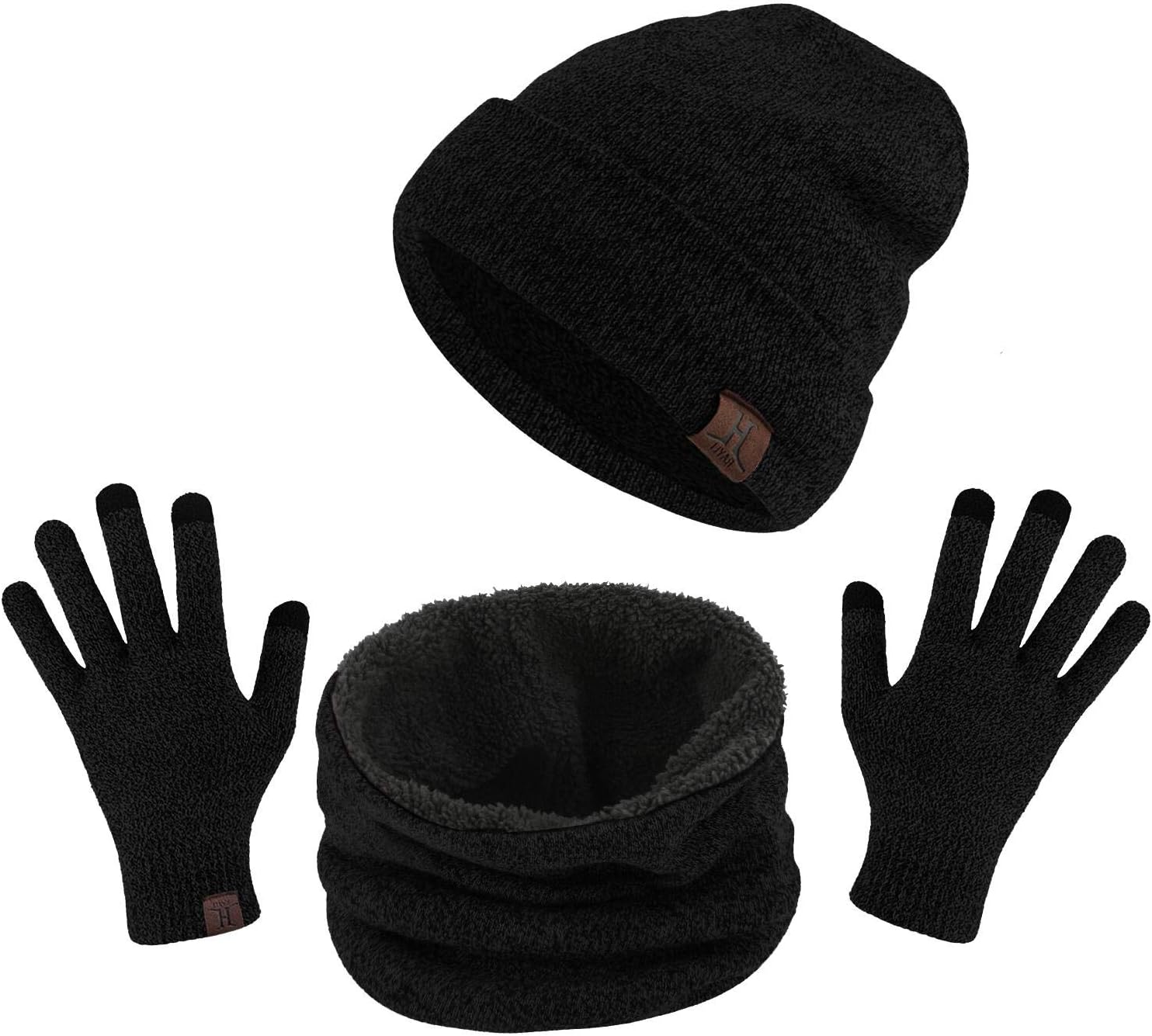 TAGVO Tricotés Ensemble d'hiver Bonnet écharpe Gants d'écran Tactile 3 en 1, Doublure Molleton Doux Bonnet tricoté Chaud Cache-Cou Extensible Gants tactiles à 3 Doigts pour Homme Femme