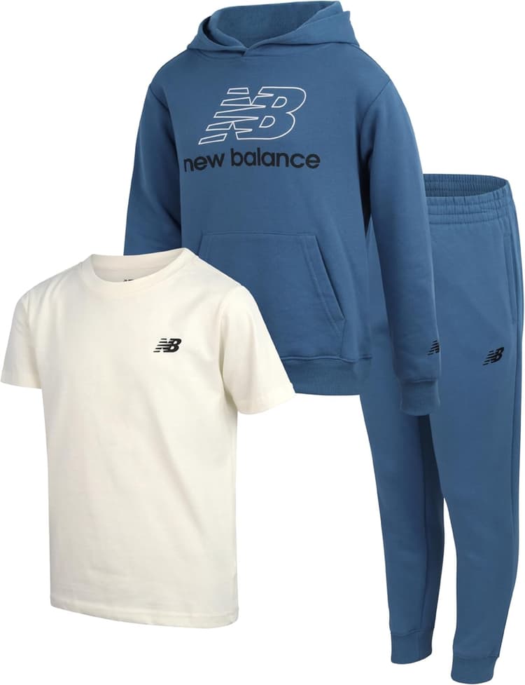 New Balance Boys Jogger Set - 3 Piece Outfit with Pullover Hoodie, Graphic Tee & Boys Jogger Pants - Athletic Outfit (4-12)