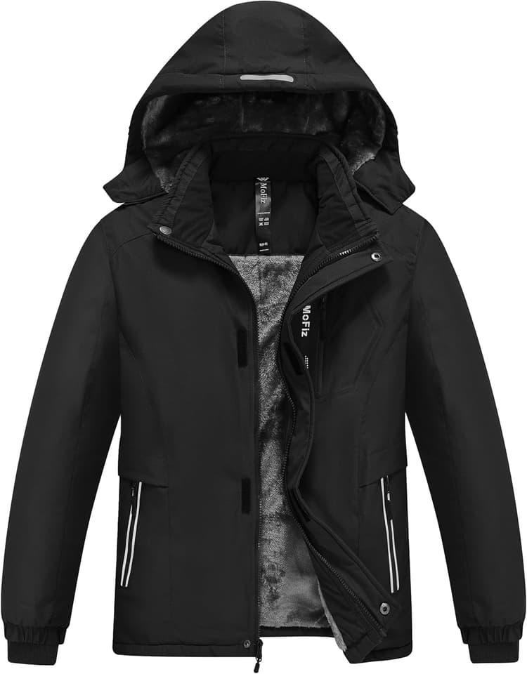MoFiz Veste de Ski Garçon Hiver Chaud Manteau de Neige Imperméable de Montagne en Polaire Coupe-Vent Enfants Blouson avec Capuche Amovible 6-16 Ans