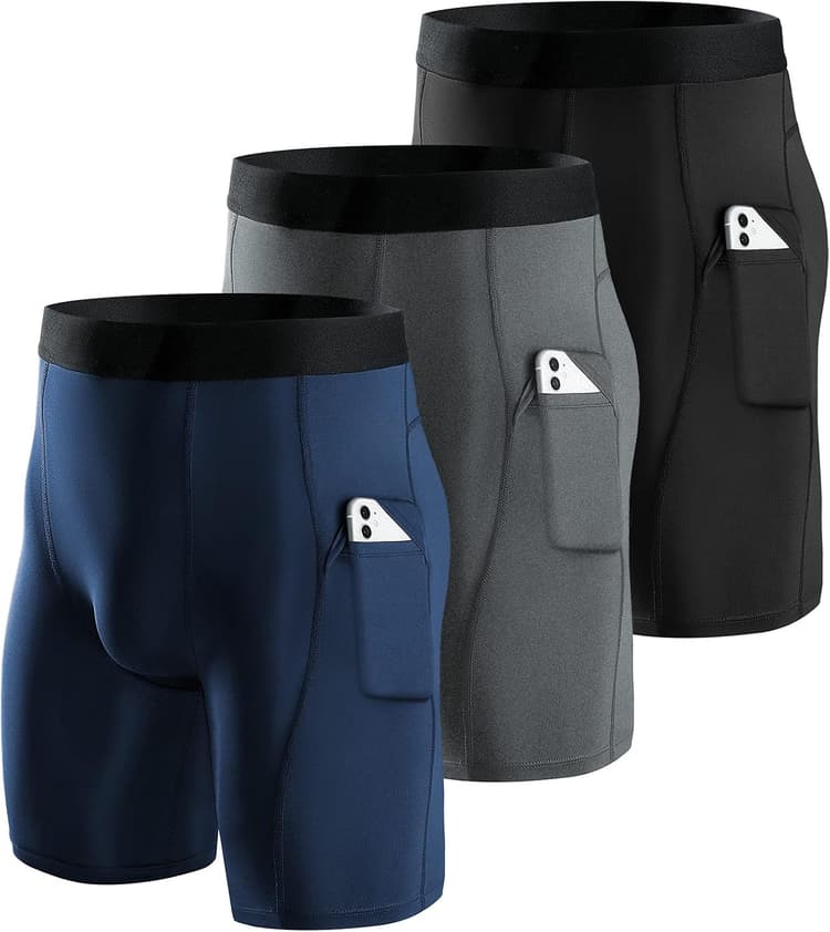 Niksa Lot de 3 Shorts de Compression pour Hommes Short de Compression à Séchage Rapide et Respirant Short de Sport Ajusté avec Poches pour Téléphone Portable Short de Course Basique pour Le Cyclisme