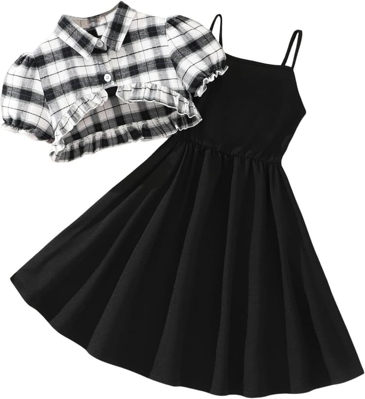 Ensemble Ete Enfant Fille 7-12 ans Tailleur Chemise à Manches Courtes Et Robe sans Manche Ado Fille Chic et Elegant Habillée Fluide Large Pas Cher Confortable Casual Vacances
