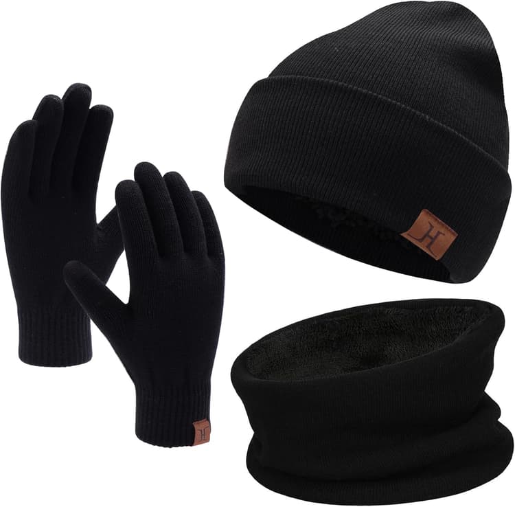 Bequemer Laden Hommes Femmes Hiver Chaud Bonnet Gants Tactiles Écharpe Tricoter Ensemble avec Doublure Polaire Cadeaux Noel Femme Homme