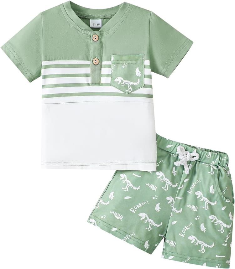 Vêtements Bébé Garçon à Manches Courtes Hauts à Rayures Dinosaures Ensemble de Shorts à Imprimé ours Tenues D'été pour Bébé Garçon