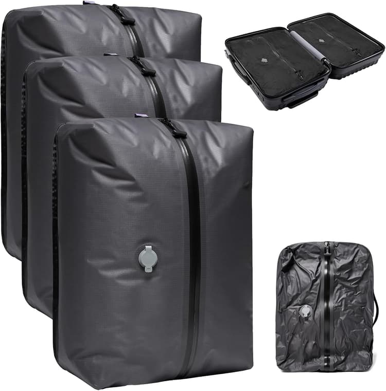 3 Pièces Sac Sous Vide Voyage, Sac de Compression Voyage, Sac Rangement Sous Vide Aspirateur, Poche Sous Vide Vetement, avec Fenêtre Transparente et Poignée, pour Valise, Sac à Dos