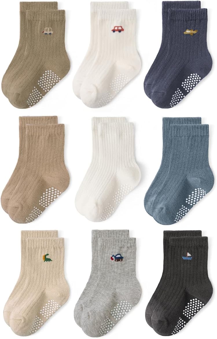 9 paires de chaussettes en coton pour tout-petits avec semelles antidérapantes et pois antidérapants pour bébés garçons et filles